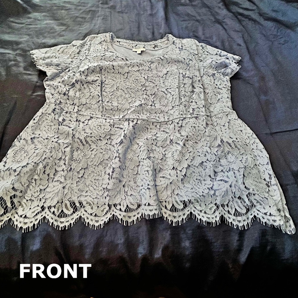 TUNIC, FLORAL ALL-OVER LACE, POWDER BLUE, SIZE 3X, FULLY LINED, SCALLOPED EDGES,
